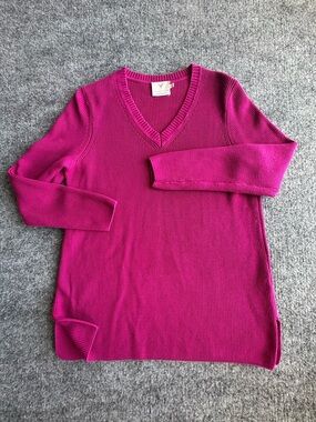 Edinburgh Knitwear 100% PIMA Cotton V-Neck Fuchsia Pink Heavy Knit Sweater MED